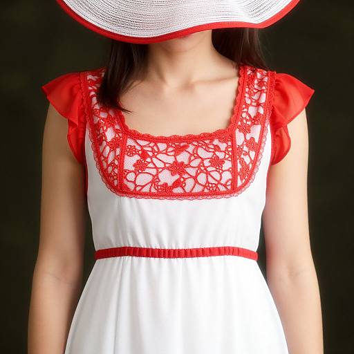 Photograph of an Asian woman in a white dress with red lace trim, red sleeves, and a wide-brimmed white hat, against a black