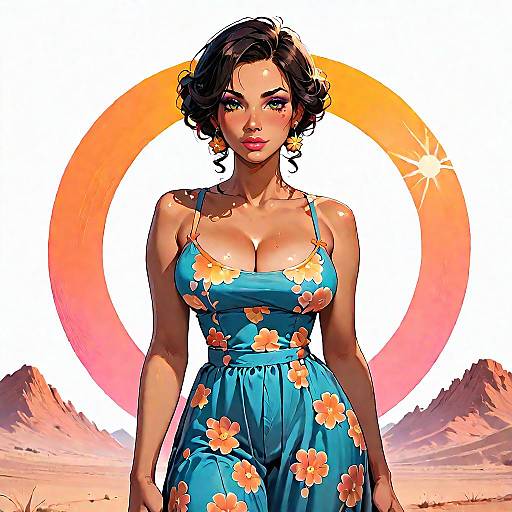 Woman in Floral Sundress in Desert Sunset
