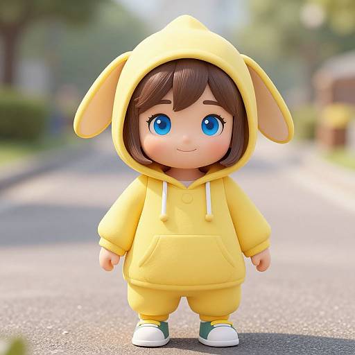 Cute CGI child with brown hair, blue eyes, wearing a yellow bunny hoodie, green and white shoes, standing on a sunny suburban street.
