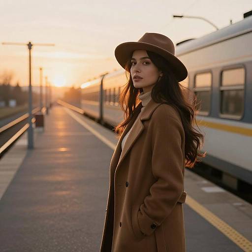 Woman in Brown Coat at Sunset Train Station