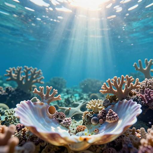 Underwater photograph of vibrant coral reef with sun rays illuminating a large, open, white seashell filled with small sea creatures.