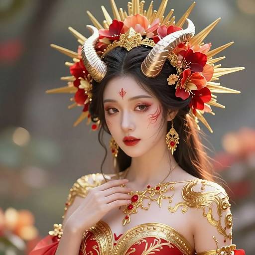 Digital art of an ethereal Asian woman with red flowers, golden horns, and intricate jewelry, wearing a red and gold ornate dress, set against