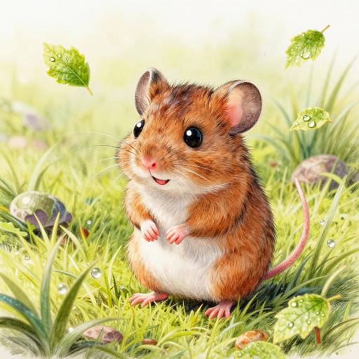 Digital illustration of a cute, fluffy brown and white mouse with big black eyes, standing on green grass with floating leaves and small mushrooms. Bright sunlight illumin