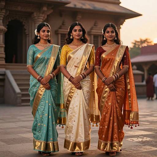 Three Indian women in traditional sarees stand in front of a temple at sunset, wearing gold jewelry and holding hands.