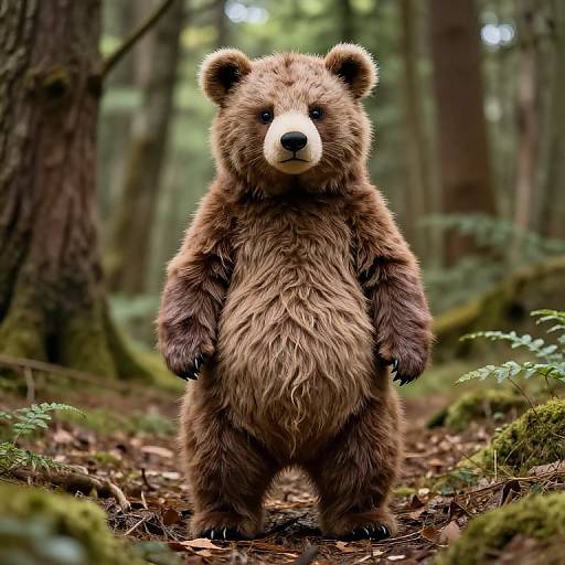 Photorealistic CGI of a brown bear standing on hind legs in a lush, mossy forest, with blurred trees in the background.