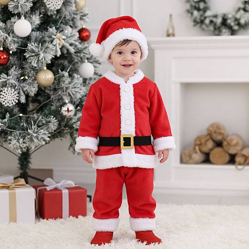 Photograph of a smiling toddler in a red Santa outfit with white trim, standing in front of a decorated Christmas tree and white fireplace.