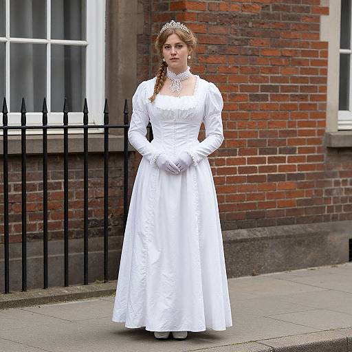 Photograph of a young woman with fair skin and brown hair in a braid, wearing a white lace wedding dress, white gloves, tiara,