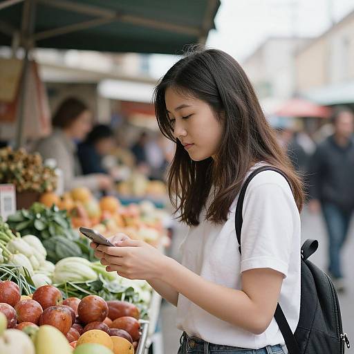 Photograph of an Asian woman with long black hair, wearing a white shirt and black backpack, browsing her phone at a colorful outdoor market stall filled with