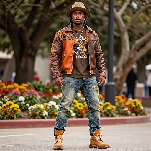 Photograph of a Black man in a brown hat, orange leather jacket, brown shirt, distressed jeans, and tan boots, standing in a colorful urban