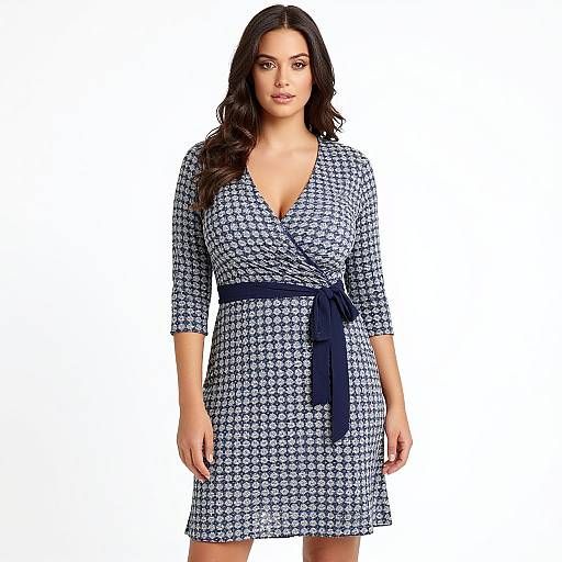 Photograph of a dark-haired woman in a blue and white houndstooth pattern dress with a deep V-neck and navy belt.