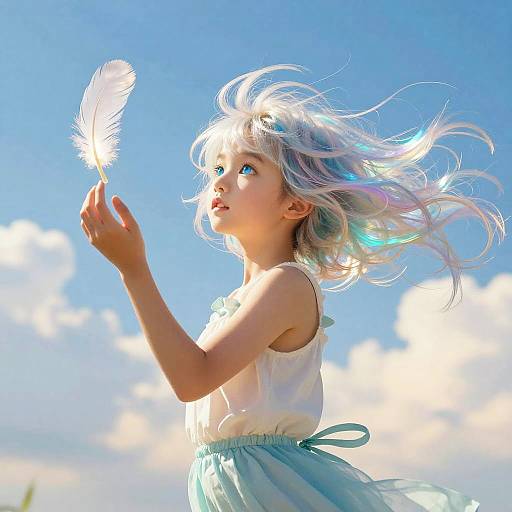 Ethereal Wind Spirit Girl with Floating Feather