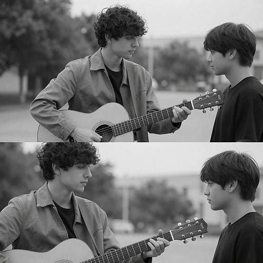 Black-and-White Outdoor Guitar Handover Portrait