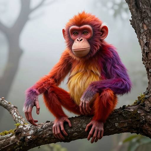 Photorealistic CGI of a vibrant red, purple, and yellow-furred monkey with large expressive eyes, perched on a mossy tree branch in