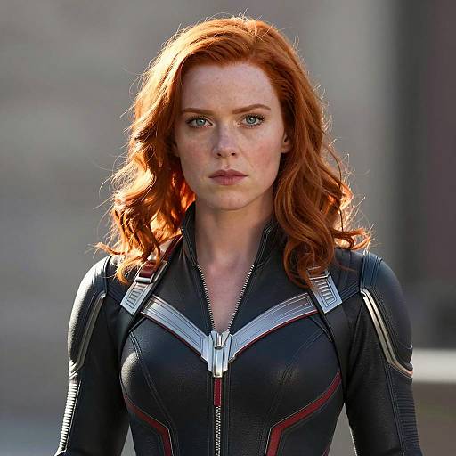 Red-haired Woman in Black Widow Superhero Suit