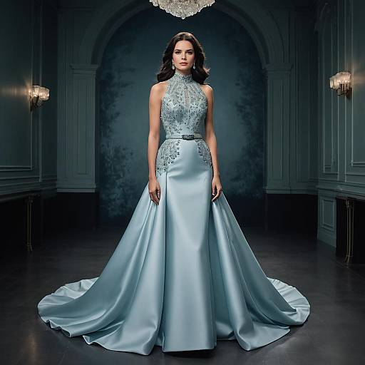 Elegant Woman in Icy Blue High-Neck Gown