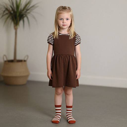 Photograph of a blonde, blue-eyed young girl in a brown dress with striped sleeves, red and white socks, standing in a minimalist room with a