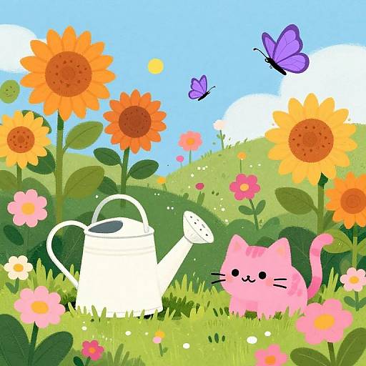 Whimsical Garden with Playful Cat