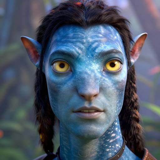 Close-up photograph of a blue-skinned, yellow-eyed elf-like woman with dark braided hair and pointed ears, set against a blurred forest background.