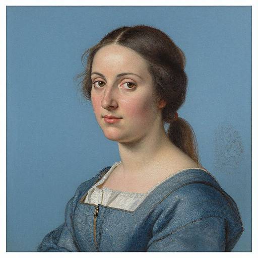 18th-century portrait of a fair-skinned woman with brown hair in a ponytail, wearing a blue dress with a white collar, against a blue