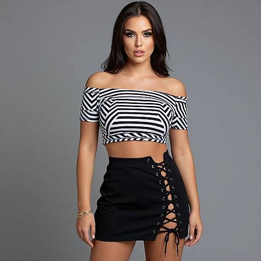 Photograph of a woman with long black hair, wearing a black-and-white striped off-shoulder top and black lace-up mini skirt, against a