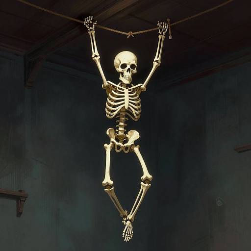 Photorealistic CGI of a hanging skeleton with arms raised, illuminated against a dark, dimly lit, rustic room with wooden beams.