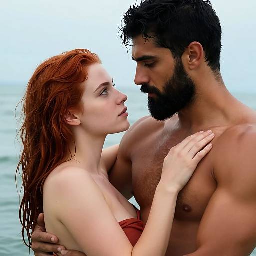 Photograph of a red-haired woman with fair skin and small breasts, wearing a strapless top, gazing at a muscular, bearded man with