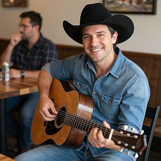 Photograph of a smiling, fair-skinned man with dark hair and a black cowboy hat, playing an acoustic guitar in a casual restaurant, wearing a