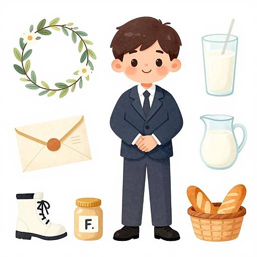 Cartoon boy in suit, brown hair, standing with glass jug, jar, basket bread, clock, and wreath, white background.