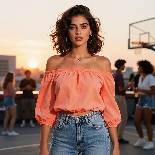 Photograph of a beautiful woman with wavy dark hair, wearing an off-shoulder coral blouse and high-waisted blue jeans, standing at