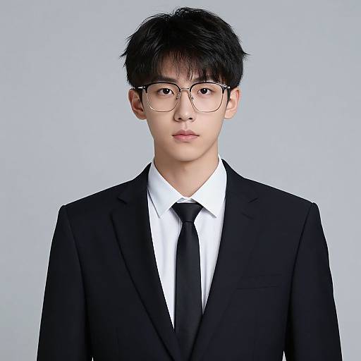Photograph of a young Asian man with black hair, wearing large round glasses, a black suit, white shirt, and black tie, against a plain