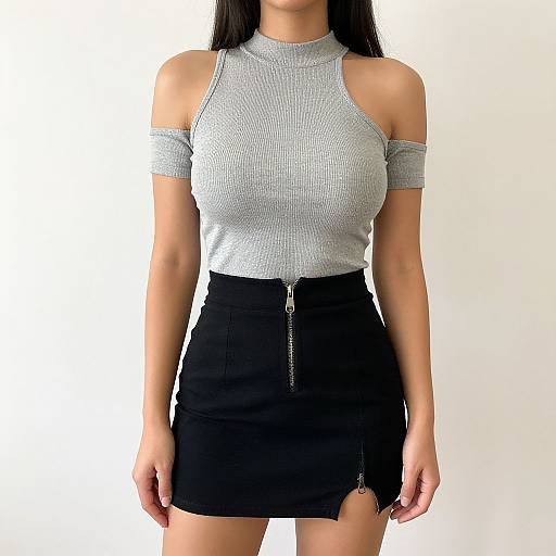 Photograph of a woman with long black hair wearing a gray, sleeveless, ribbed top with off-shoulder straps and a black high-w