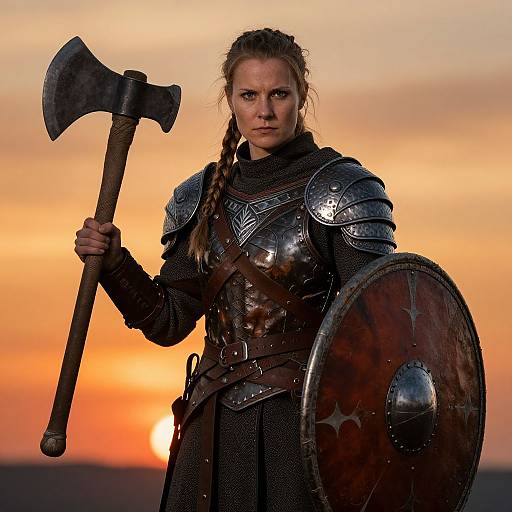 Photograph of a fierce, blonde, Viking warrior woman in metal armor holding a large axe and wooden shield against a sunset sky.