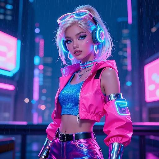 Cyberpunk cityscape photograph of a blonde woman with glowing headphones, neon pink jacket, blue top, and high-waisted black pants, illuminated