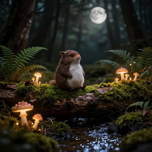 Photograph of a small, fluffy brown and white squirrel standing on moss-covered logs surrounded by glowing mushrooms under a full moon in a dark, misty