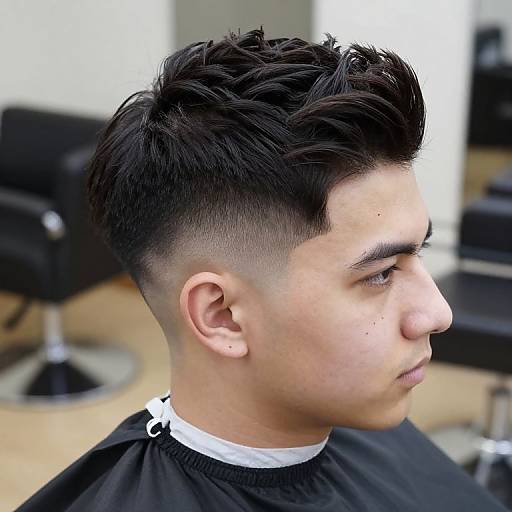 Photograph of a young man with short, dark, styled hair with a fade, wearing a black barber cape, in a modern salon.