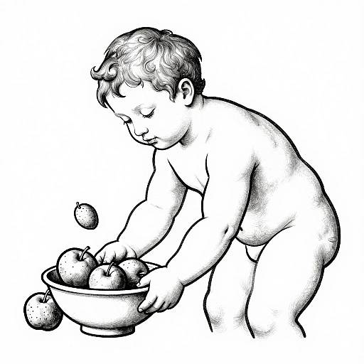 Black-and-white illustration of a naked toddler with short hair, bending over a bowl of apples, gently picking one.