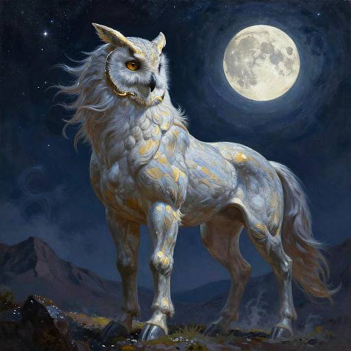 Digital painting of a majestic, white, wolf-like creature with glowing yellow spots, wearing a golden mask, standing under a full moon in a starry
