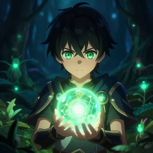 Anime-style digital illustration of a young boy with green eyes and black hair, holding glowing, neon-green magical energy in a dark, forested background.