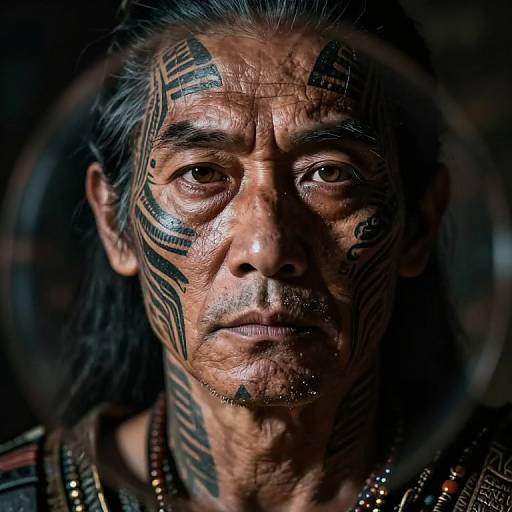 Photograph of an elderly Native American man with dark, long hair, intricate black tribal face paint, serious expression, and beaded necklace, set against