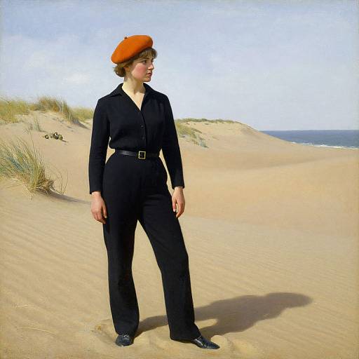 Photograph of a woman with short brown hair, wearing a black long-sleeve shirt, black pants, orange beret, and black shoes,