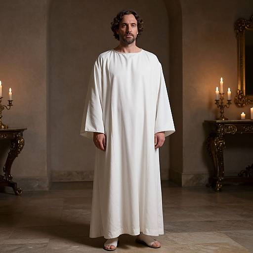 Photograph of a bearded man with curly hair, wearing a long white robe, standing in a dimly lit, candlelit room.