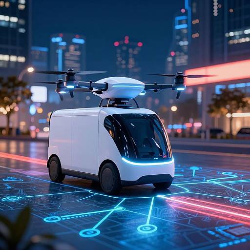Photograph of a futuristic white drone-delivery van with glowing blue lights, navigating a neon-lit city street at night.