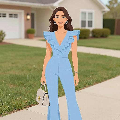 Digital illustration of a smiling woman with wavy dark hair, wearing a light blue ruffled jumpsuit, holding a white handbag, standing on a