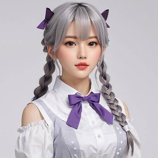 Digital anime-style portrait of a young woman with long, silver-braided hair, purple bows, and a white, off-shoulder blouse with