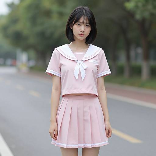 Photograph of an Asian woman with short black hair, wearing a pink sailor-style school uniform, standing on a tree-lined street.