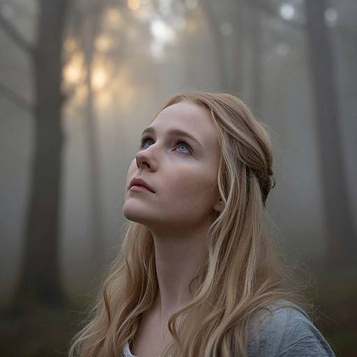 Photograph of a young, fair-skinned woman with wavy blonde hair in a misty forest, gazing upward with a contemplative expression.