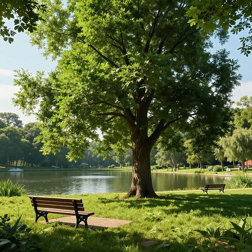 Photograph of a sunny park with a large green tree, empty wooden bench on grass, and calm lake in the background.