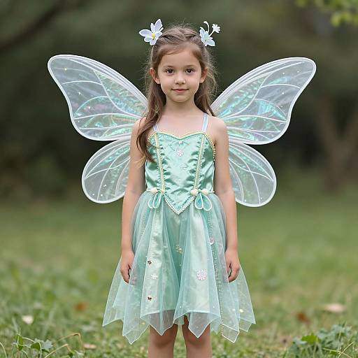 Photograph of a young girl with long brown hair, wearing a light green fairy dress and transparent wings, standing in a grassy, forested area