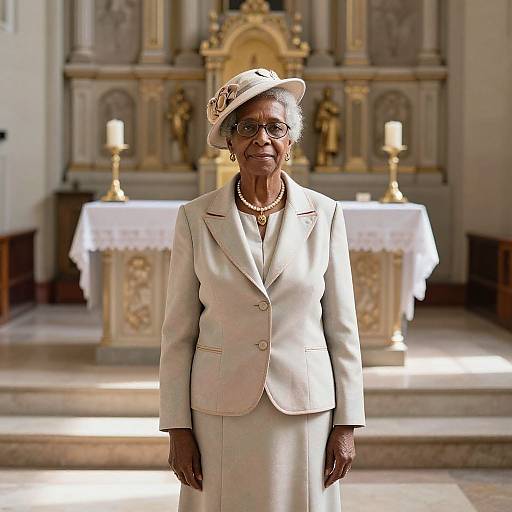 Elderly African-American woman in cream suit and hat, standing in ornate church, gold altar, white tablecloth, candles, solemn expression.