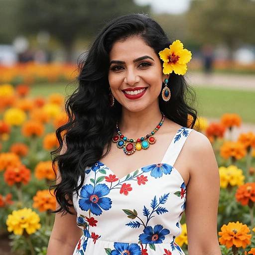 Photograph of a smiling Indian woman with long black hair, wearing a white floral dress, yellow sunflower hairpin, and colorful necklace, standing in